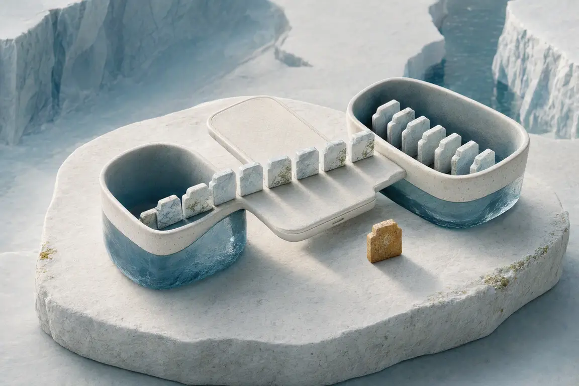 Ceramic phone bridge carrying file tiles between two archive vessels, with one ochre tile separated as a backup gap